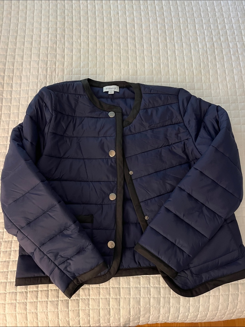 Evereve Navy Quilted Snap‑Front Collarless Puffer Jacket